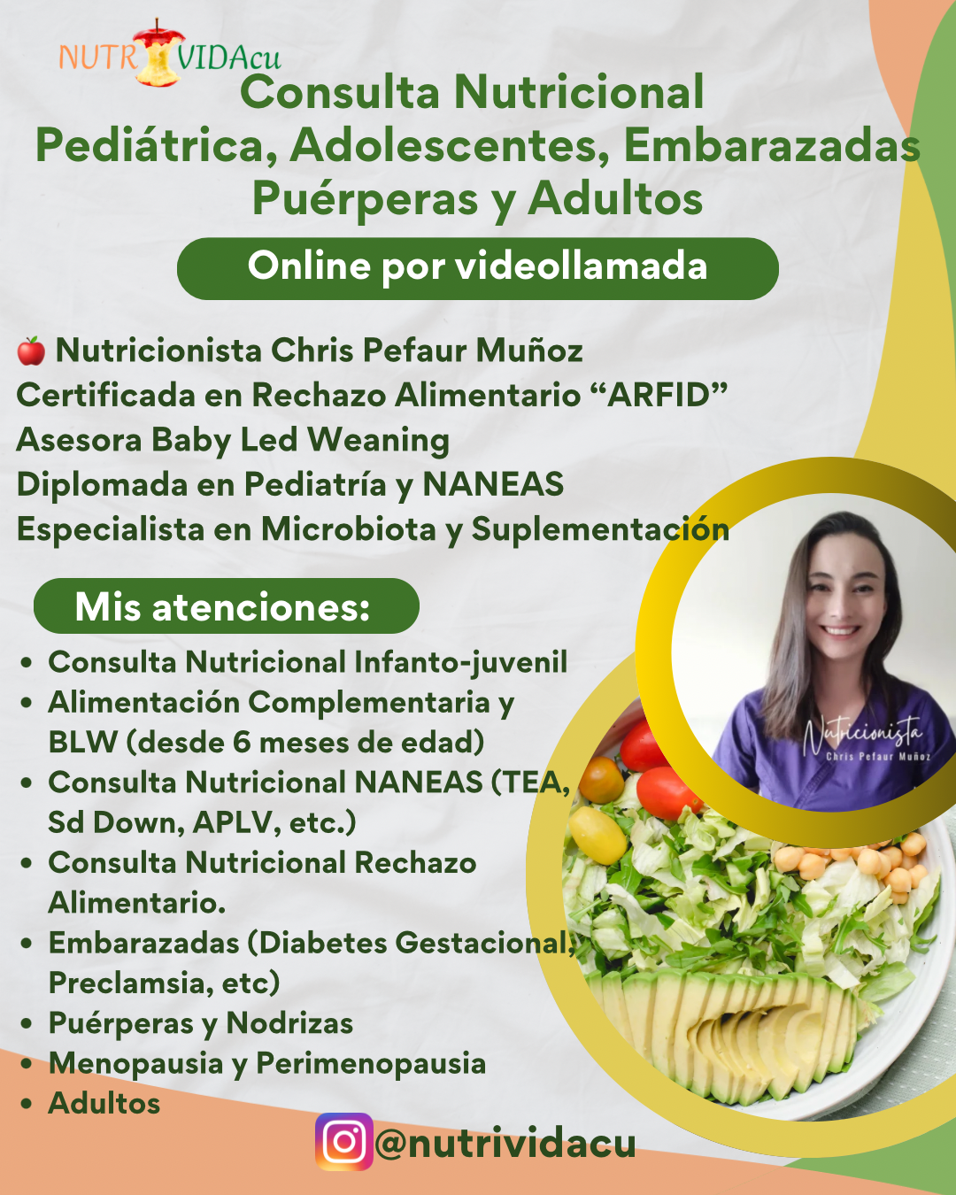 🥑Consulta Nutricional Pediátrica, Embarazadas, Menopausia (online por videollamada)