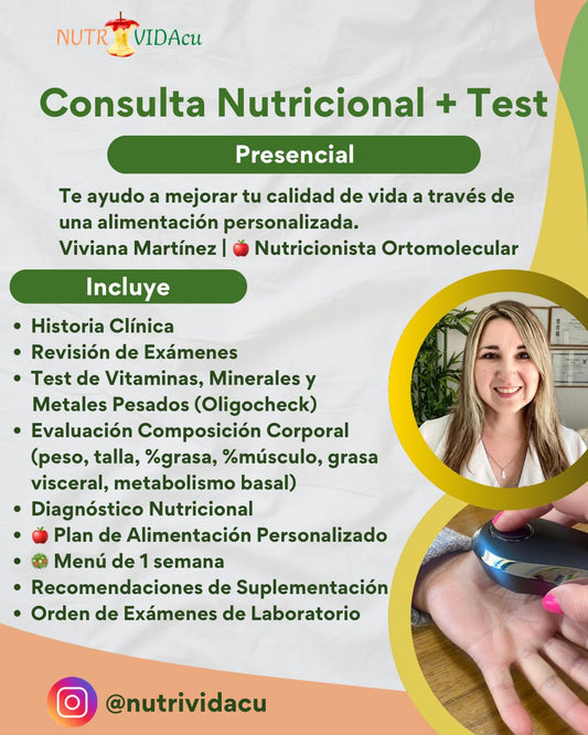 🌐Test Vitaminas, Minerales y Metales Pesados, Oligocheck + Consulta Nutricional ($77.990, Reserva abono 50%) Presencial