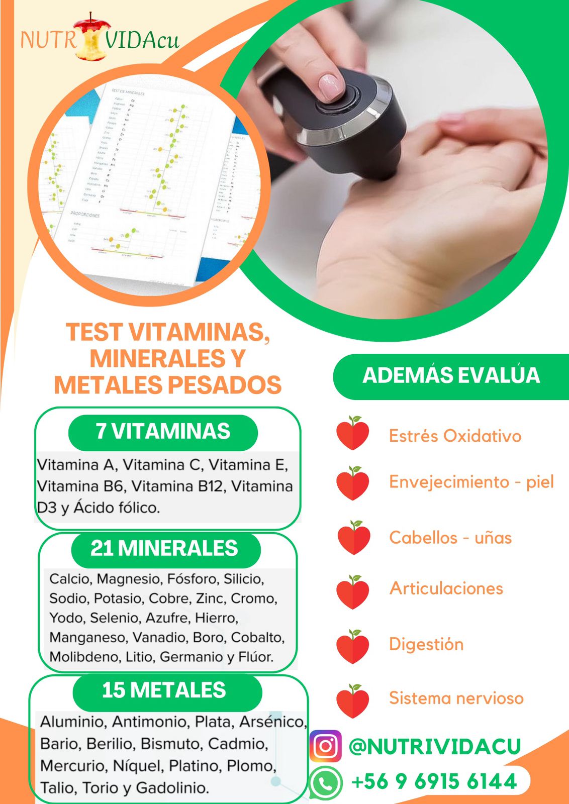 🌐Test Vitaminas, Minerales y Metales Pesados, Oligocheck + Consulta Nutricional ($77.990, Reserva abono 50%) Presencial